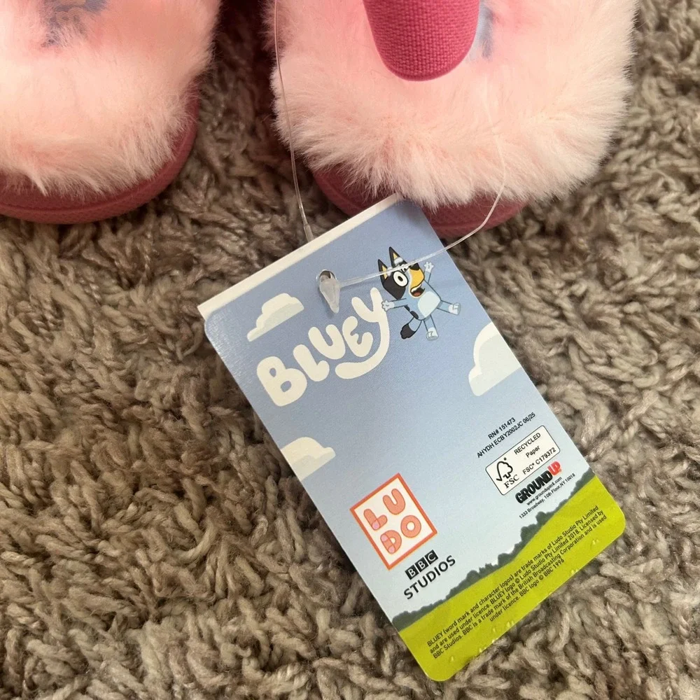 Bluey Bingo little Girls Pink Faux Fur Slingback Slippers Ground Up Sz Large New